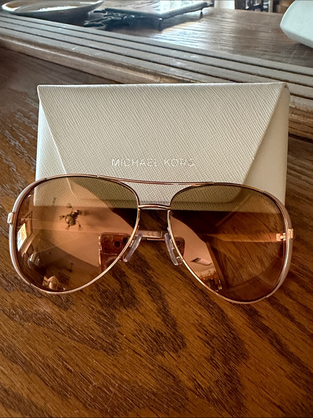 Michael Kors Rose Gold Aviator Sunglasses with Brown Lenses